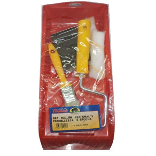 KIT PITTURA FACILE 6PZ. - RULLO PER PITTURA SMALTI IMPREGNANTI - PENNELLO - SPUGNA ABRASIVA - VASCHETTA