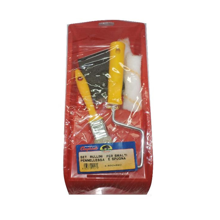 KIT PITTURA FACILE 6PZ. - RULLO PER PITTURA SMALTI IMPREGNANTI - PENNELLO - SPUGNA ABRASIVA - VASCHETTA