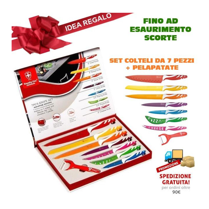 SET COLTELLI DA 7 PEZZI COLORATI CON PELAPATATE IN OMAGGIO