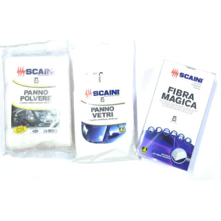 SCAINI KIT PULIZIA AUTO,12 PZ PANNO POLVERE, 15 PZ PANNO VETRI UMIDIFICATO,1PZ  SPUGNA IN FIBBRA MAGICA